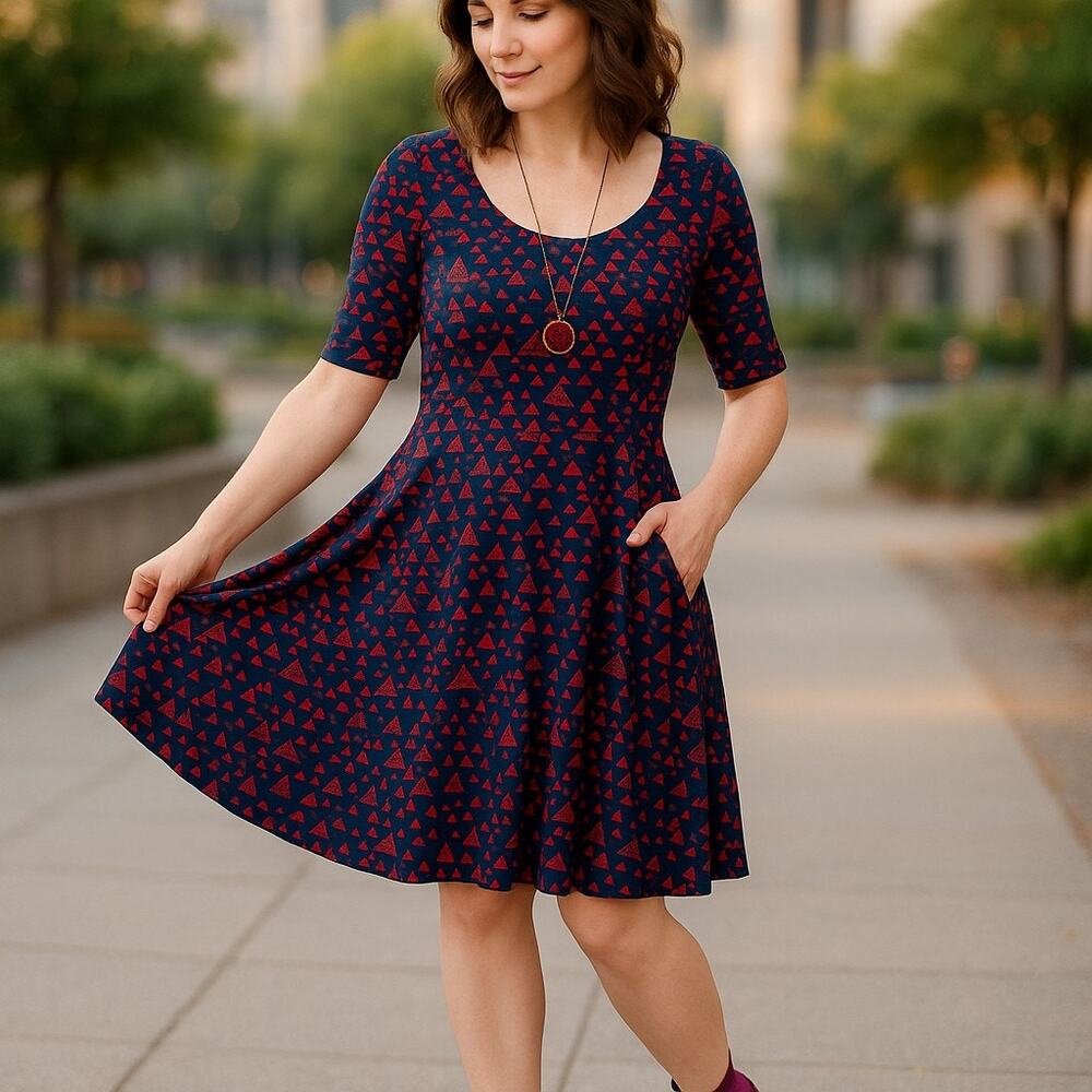 LuLaRoe Womens Dress Size XXS Nicole Fit & Flare‎ Navy Red Blue Lime Triangles